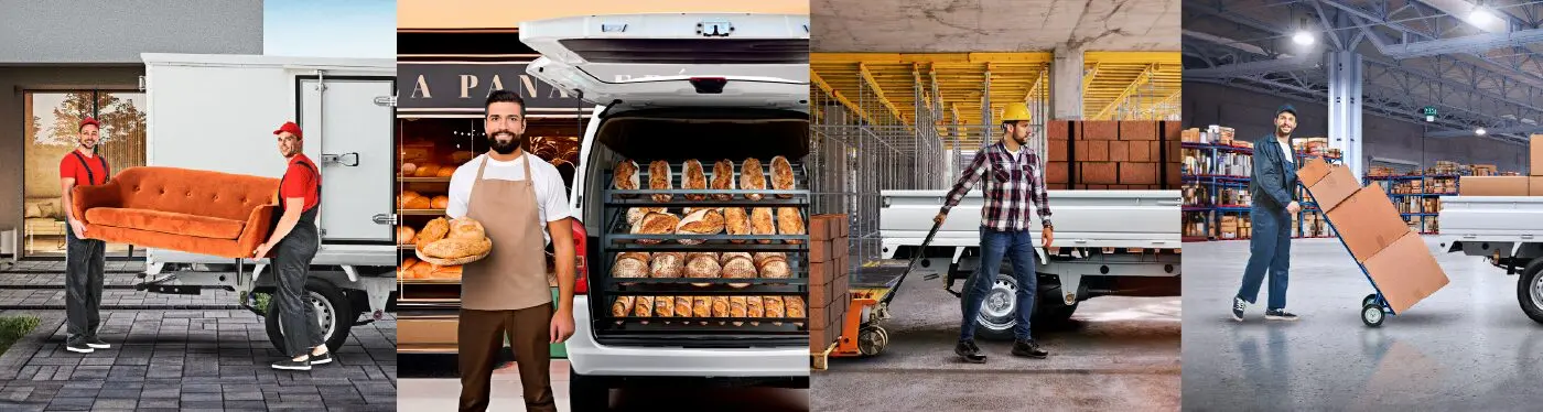 Equipos de mudanza, reparto, panadería, construcción y logística junto a vehículos de trabajo